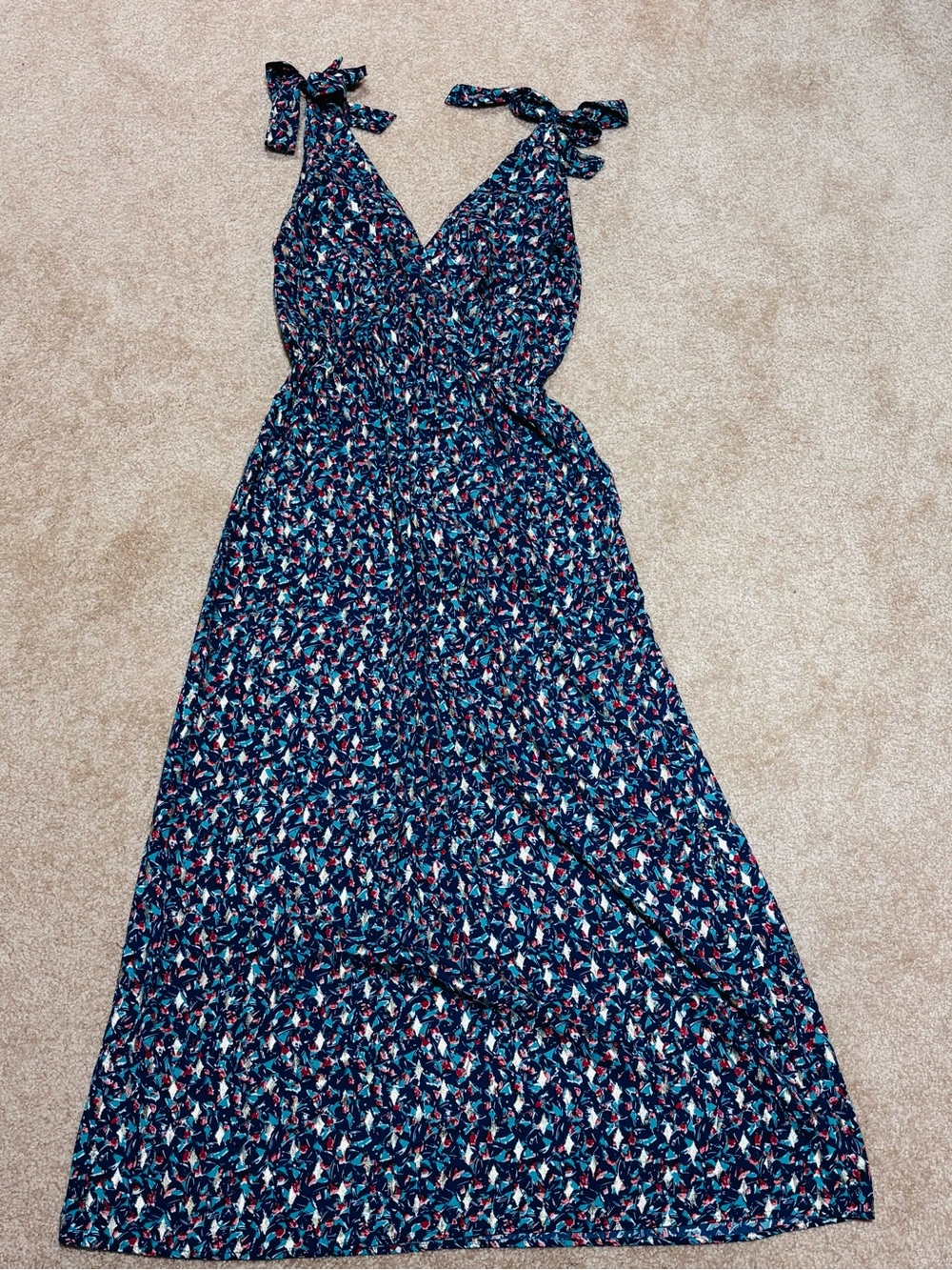 V Neck/Back Blue Pattern Maxi Dress